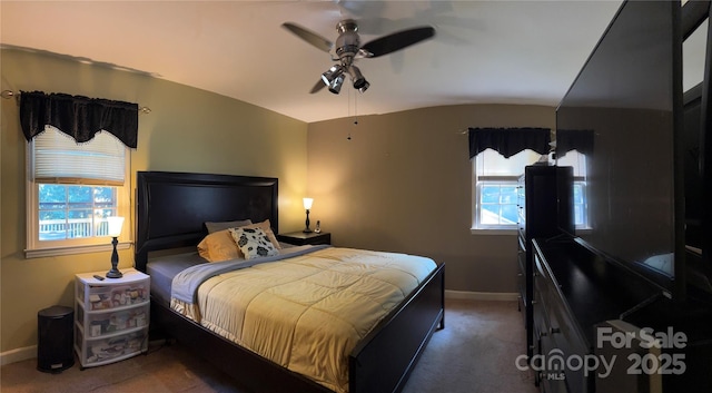 106 Condover Pl, Charlotte, NC 28270 - carpeted bedroom with vaulted ceiling and ceiling fan