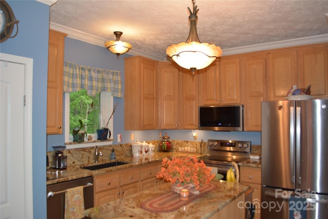 394 Hummingbird Ln, Elk Park, NC 28622 - kitchen with appliances with stainless steel finishes, a sink, light stone counters, a textured ceiling, and crown molding