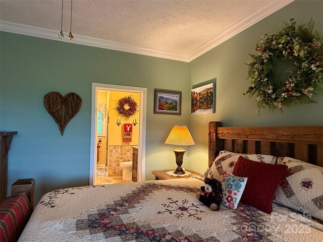 394 Hummingbird Ln, Elk Park, NC 28622 - bedroom with ornamental molding, a textured ceiling, and connected bathroom