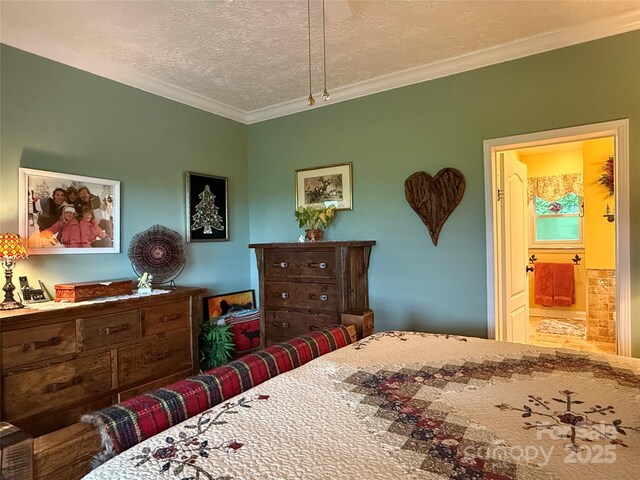 394 Hummingbird Ln, Elk Park, NC 28622 - bedroom with crown molding, a textured ceiling, and connected bathroom