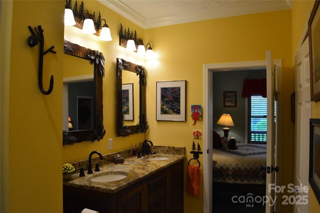 394 Hummingbird Ln, Elk Park, NC 28622 - full bathroom with crown molding, double vanity, and connected bathroom