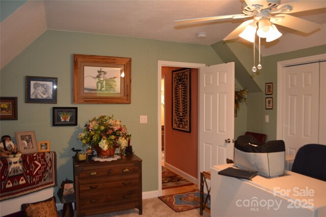 394 Hummingbird Ln, Elk Park, NC 28622 - bedroom with a ceiling fan, vaulted ceiling, carpet floors, and a closet
