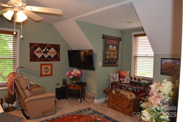 394 Hummingbird Ln, Elk Park, NC 28622 - living area featuring a ceiling fan, carpet, and lofted ceiling