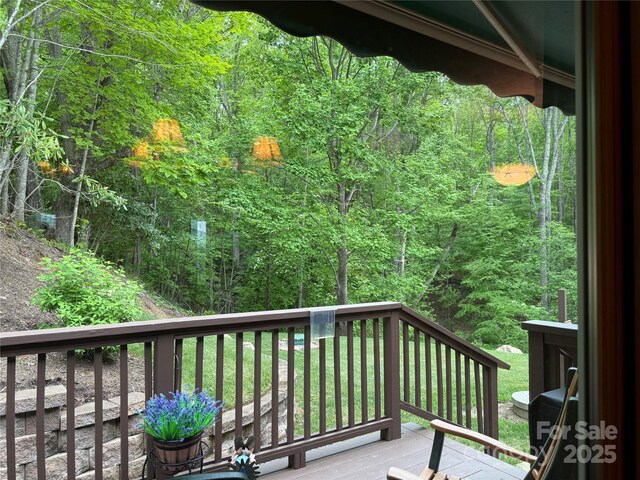 394 Hummingbird Ln, Elk Park, NC 28622 - wooden terrace with a wooded view and a lawn