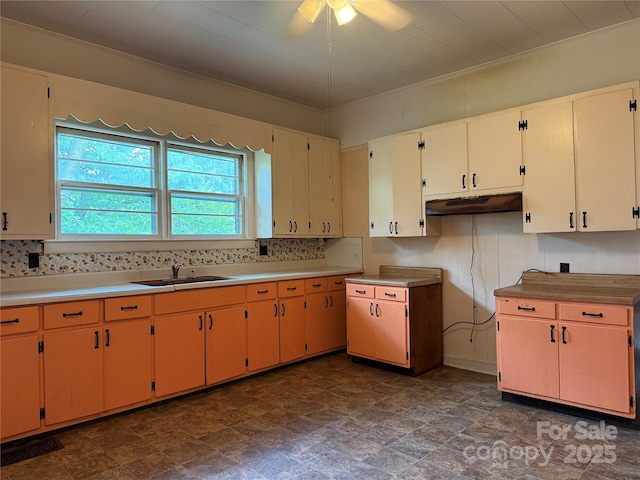 28 Central Ave, Granite Falls, NC 28630 - kitchen featuring a ceiling fan, under cabinet range hood, stone finish flooring, and light countertops