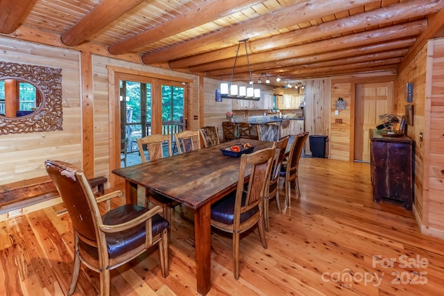 184 Sunlight Path, Lake Lure, NC 28746 - dining room featuring light wood-style flooring, a wooden ceiling with exposed beams, and wooden walls