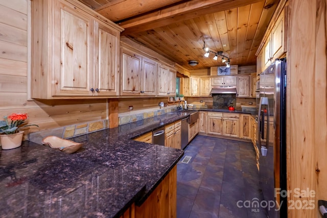 184 Sunlight Path, Lake Lure, NC 28746 - kitchen featuring track lighting, stainless steel appliances, wood ceiling, under cabinet range hood, and light brown cabinets