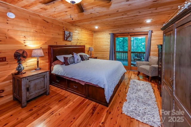 184 Sunlight Path, Lake Lure, NC 28746 - bedroom featuring wood ceiling, light wood finished floors, access to exterior, and recessed lighting