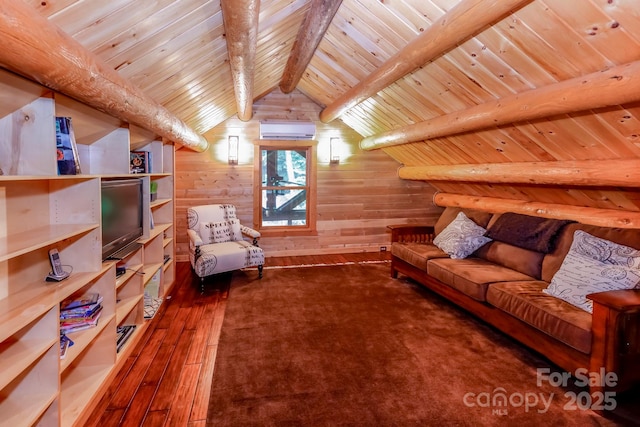 184 Sunlight Path, Lake Lure, NC 28746 - living area featuring wood ceiling, dark wood finished floors, a wall unit AC, and wooden walls