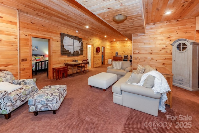 184 Sunlight Path, Lake Lure, NC 28746 - living area with wood walls, carpet floors, wood ceiling, and recessed lighting