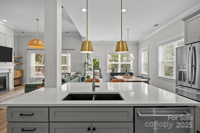 11329 Fullerton Place Dr NW, Huntersville, NC 28078 - kitchen with appliances with stainless steel finishes, gray cabinetry, a sink, open floor plan, and light countertops