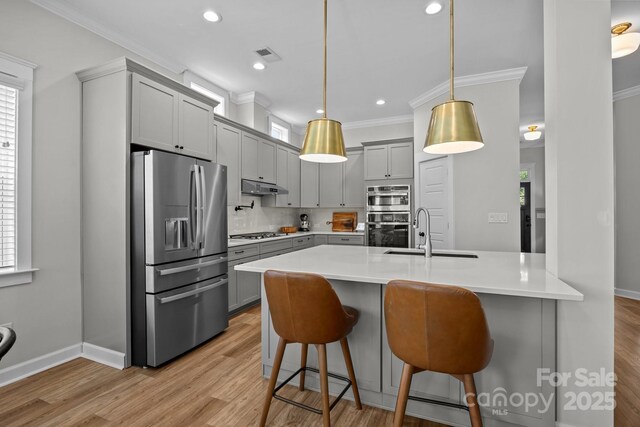 11329 Fullerton Place Dr NW, Huntersville, NC 28078 - kitchen with appliances with stainless steel finishes, gray cabinetry, a sink, under cabinet range hood, and crown molding