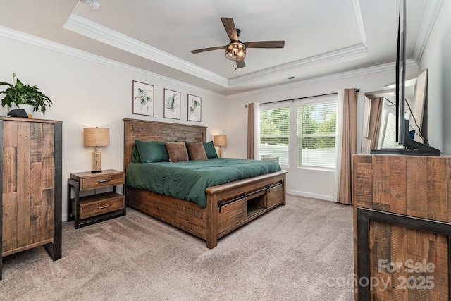 9274 Dunwich Dr, Gastonia, NC 28056 - bedroom with light carpet, a raised ceiling, crown molding, baseboards, and ceiling fan