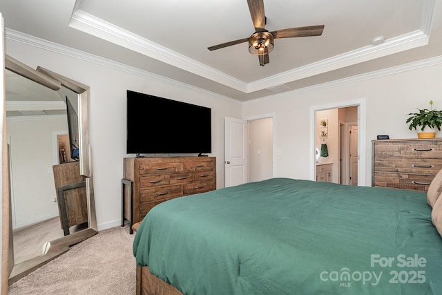 9274 Dunwich Dr, Gastonia, NC 28056 - carpeted bedroom with crown molding, a tray ceiling, ceiling fan, and ensuite bathroom