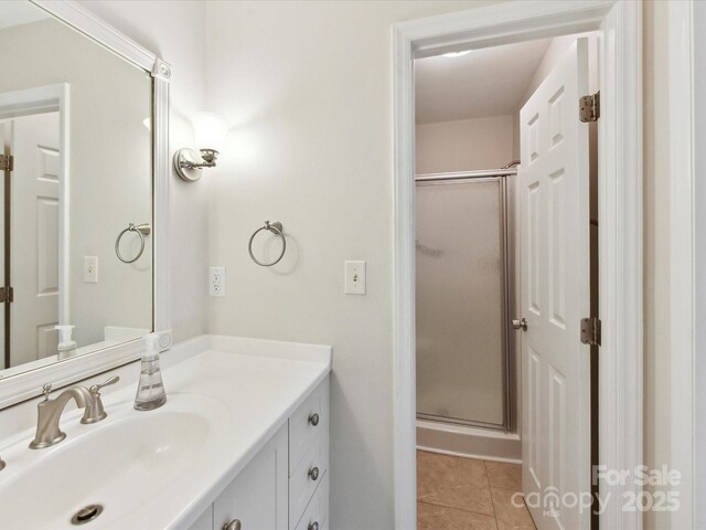13617 Lake Bluff Dr, Matthews, NC 28105 - full bathroom featuring vanity, tile patterned floors, and a shower stall