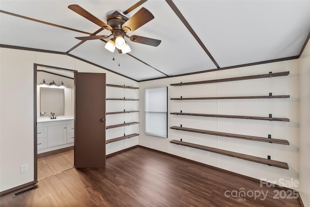 1712 NC-126 Hwy, Morganton, NC 28655 - spare room with lofted ceiling, dark wood-style flooring, a sink, a ceiling fan, and baseboards