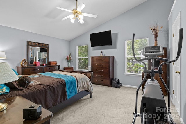 7212 Morsey Ct, Charlotte, NC 28269 - bedroom with light colored carpet, a ceiling fan, baseboards, and high vaulted ceiling