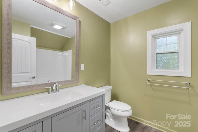 202 Glenn Ave, Kannapolis, NC 28081 - bathroom featuring wood finished floors, vanity, and lofted ceiling