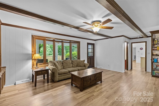 2917 Rustic Ln, Charlotte, NC 28210 - living area with light wood-style flooring, crown molding, a ceiling fan, and beam ceiling