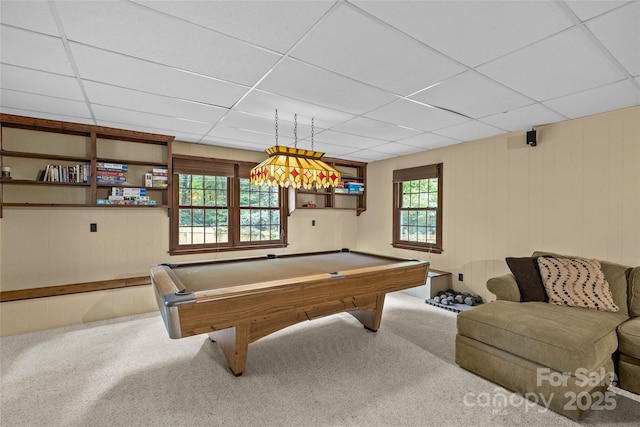 2917 Rustic Ln, Charlotte, NC 28210 - recreation room featuring carpet flooring, a drop ceiling, billiards, and wooden walls