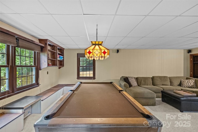 2917 Rustic Ln, Charlotte, NC 28210 - game room with a drop ceiling, carpet, billiards table, and wooden walls