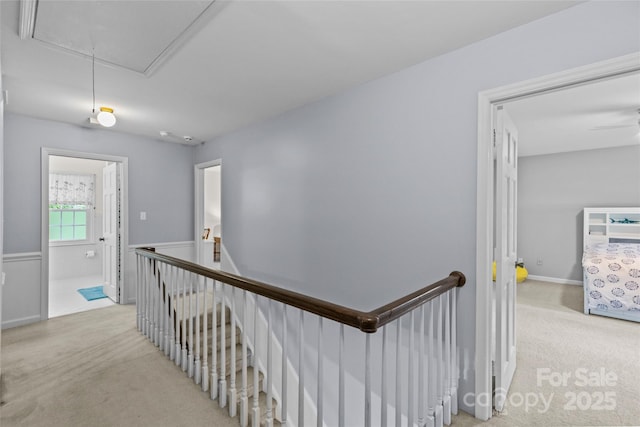 2917 Rustic Ln, Charlotte, NC 28210 - hall featuring attic access, an upstairs landing, and light colored carpet