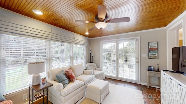 1695 Arden Dr, Lincolnton, NC 28092 - living area with wood ceiling, ornamental molding, and a ceiling fan