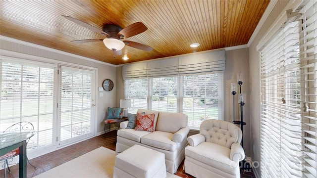 1695 Arden Dr, Lincolnton, NC 28092 - living room with wooden ceiling, ceiling fan, ornamental molding, brick patterned flooring, and recessed lighting