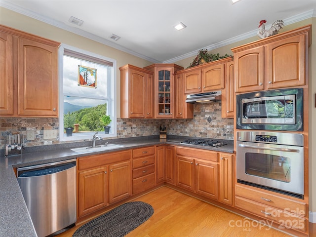 80 Feather Ln, Waynesville, NC 28786 - kitchen featuring appliances with stainless steel finishes, under cabinet range hood, ornamental molding, light wood-style floors, and glass insert cabinets