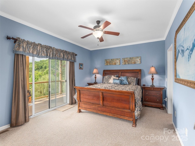 80 Feather Ln, Waynesville, NC 28786 - carpeted bedroom featuring access to exterior, crown molding, and ceiling fan