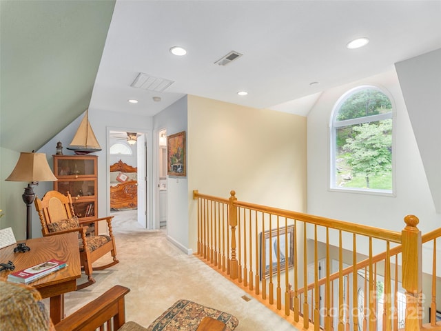 80 Feather Ln, Waynesville, NC 28786 - corridor featuring lofted ceiling, recessed lighting, carpet flooring, and an upstairs landing