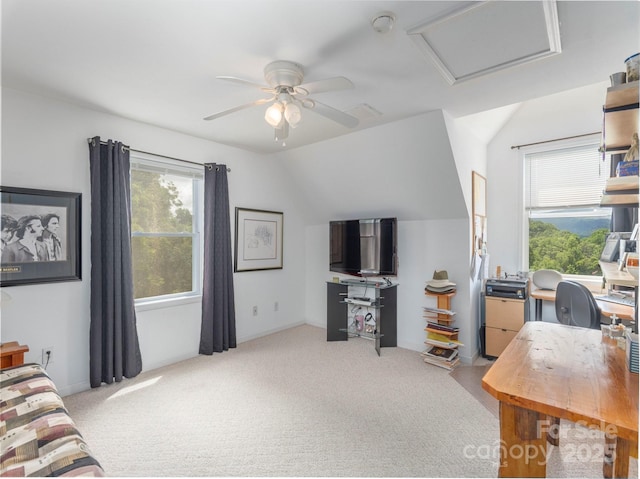 80 Feather Ln, Waynesville, NC 28786 - home office with attic access, carpet, ceiling fan, and vaulted ceiling