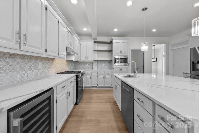 15400 Groveland St, Huntersville, NC 28078 - kitchen featuring stainless steel appliances, wine cooler, open shelves, under cabinet range hood, and white cabinets