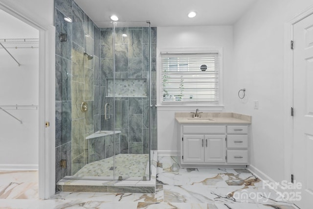 15400 Groveland St, Huntersville, NC 28078 - full bath featuring marble look tiles, a stall shower, recessed lighting, vanity, and a walk in closet
