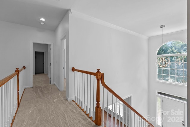 15400 Groveland St, Huntersville, NC 28078 - hallway featuring an upstairs landing, carpet, ornamental molding, and recessed lighting