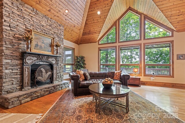 102 Coyote Rdg, Maggie Valley, NC 28751 - living room featuring a fireplace, wood finished floors, high vaulted ceiling, wood ceiling, and baseboards