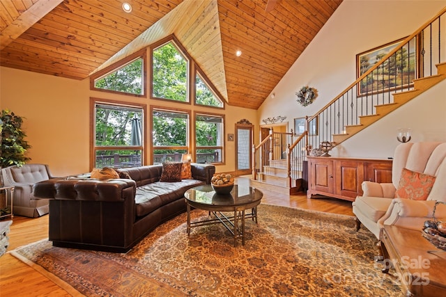 102 Coyote Rdg, Maggie Valley, NC 28751 - living room featuring stairs, high vaulted ceiling, wooden ceiling, wood finished floors, and recessed lighting
