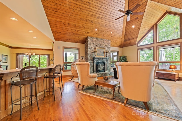 102 Coyote Rdg, Maggie Valley, NC 28751 - living room with high vaulted ceiling, wood ceiling, a stone fireplace, recessed lighting, and wood finished floors