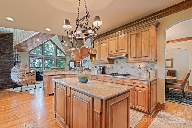 102 Coyote Rdg, Maggie Valley, NC 28751 - kitchen with appliances with stainless steel finishes, a chandelier, arched walkways, light wood finished floors, and light stone counters