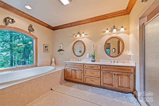102 Coyote Rdg, Maggie Valley, NC 28751 - full bath with crown molding, tile patterned floors, a shower stall, double vanity, and a bath