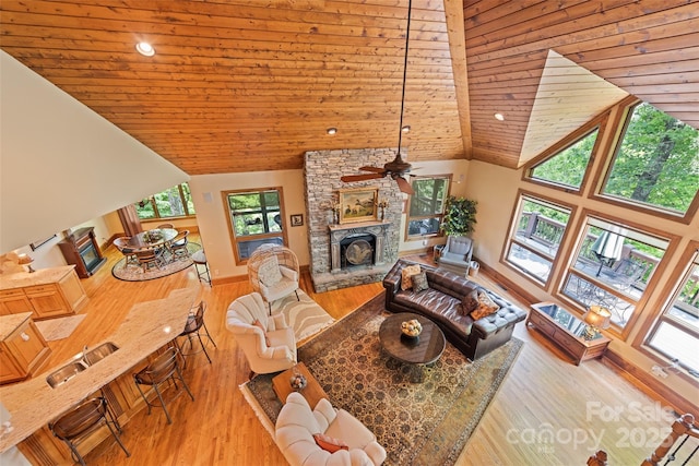 102 Coyote Rdg, Maggie Valley, NC 28751 - living room featuring wooden ceiling, high vaulted ceiling, wood finished floors, a stone fireplace, and recessed lighting