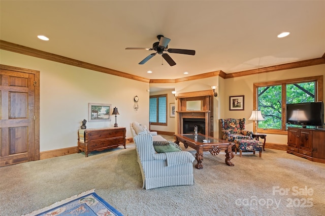 102 Coyote Rdg, Maggie Valley, NC 28751 - carpeted living area with a ceiling fan, baseboards, a fireplace, crown molding, and recessed lighting