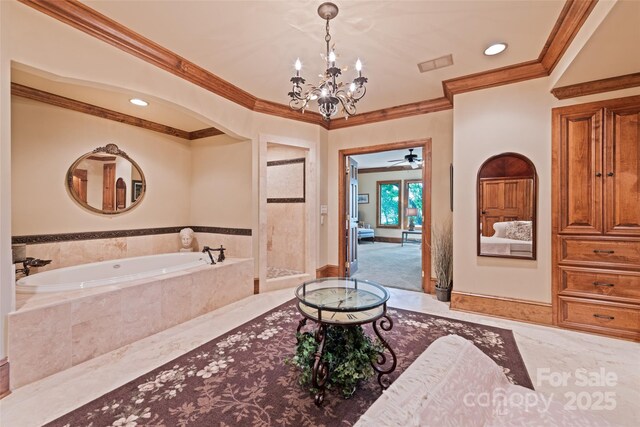 102 Coyote Rdg, Maggie Valley, NC 28751 - bathroom featuring a bath, a chandelier, crown molding, baseboards, and a walk in shower
