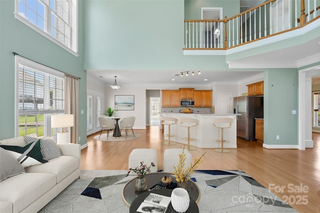 112 Doyle Farm Ln, Mooresville, NC 28115 - living room with a towering ceiling, crown molding, light wood-style floors, plenty of natural light, and baseboards