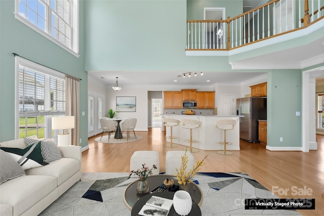 112 Doyle Farm Ln, Mooresville, NC 28115 - living room featuring a high ceiling, ornamental molding, light wood finished floors, plenty of natural light, and baseboards