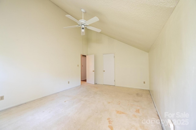 3221 5th Street Ct NW, Hickory, NC 28601 - unfurnished room with light carpet, ceiling fan, a textured ceiling, and high vaulted ceiling