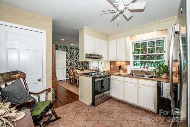 928 Tally Ho Ct, Charlotte, NC 28212 - kitchen with stainless steel appliances, under cabinet range hood, a ceiling fan, light tile patterned floors, and tasteful backsplash