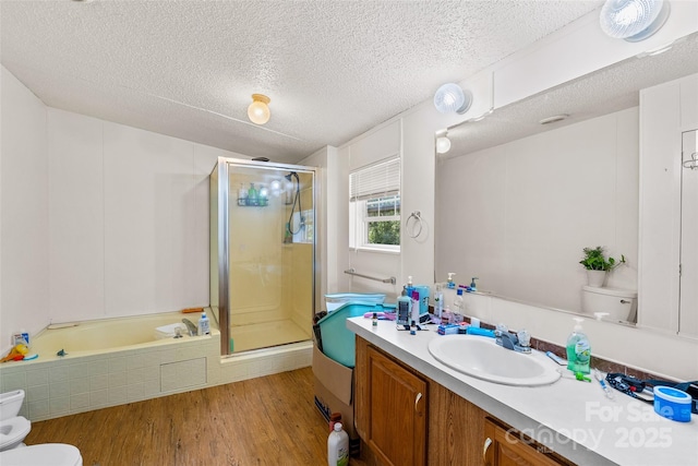 14 Luckenbach Dr, Fairview, NC 28730 - bathroom featuring toilet, a shower stall, vanity, a garden tub, and a textured ceiling