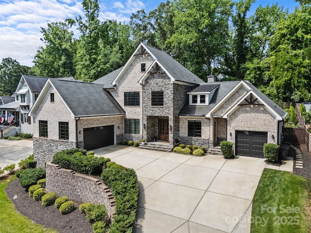 5638 Timber Ln, Charlotte, NC 28270 - craftsman house with concrete driveway, stone siding, a garage, and a chimney