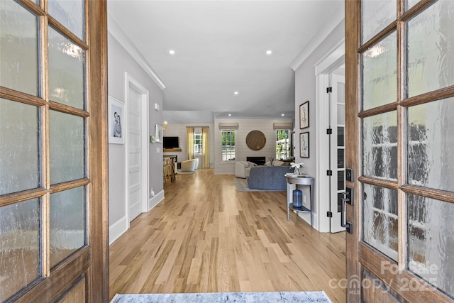 5638 Timber Ln, Charlotte, NC 28270 - foyer featuring a large fireplace, light wood finished floors, recessed lighting, and baseboards